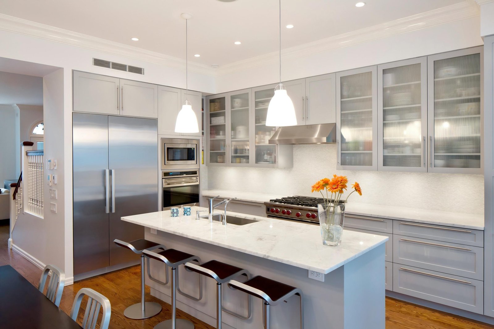 Glass-Front Grey Kitchen Cabinets