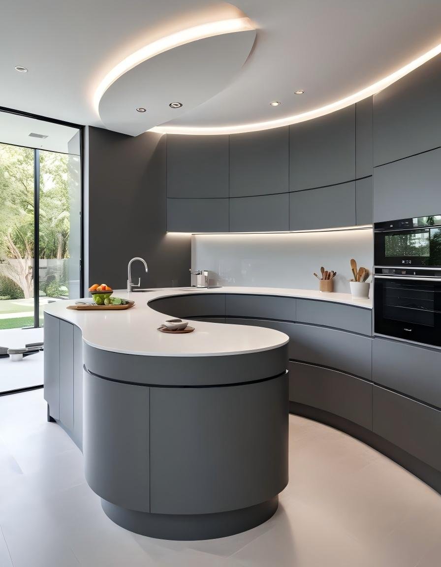 Curved Grey Kitchen Cabinets