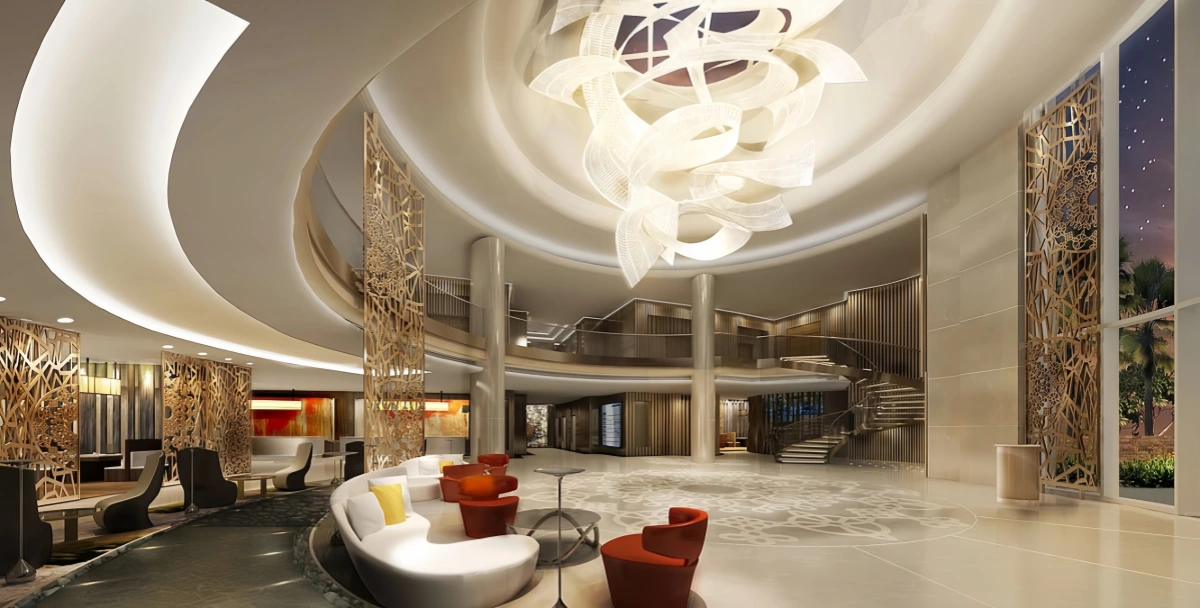 Grand Elegance with Sculptural Lighting Hotel Lobby Design
