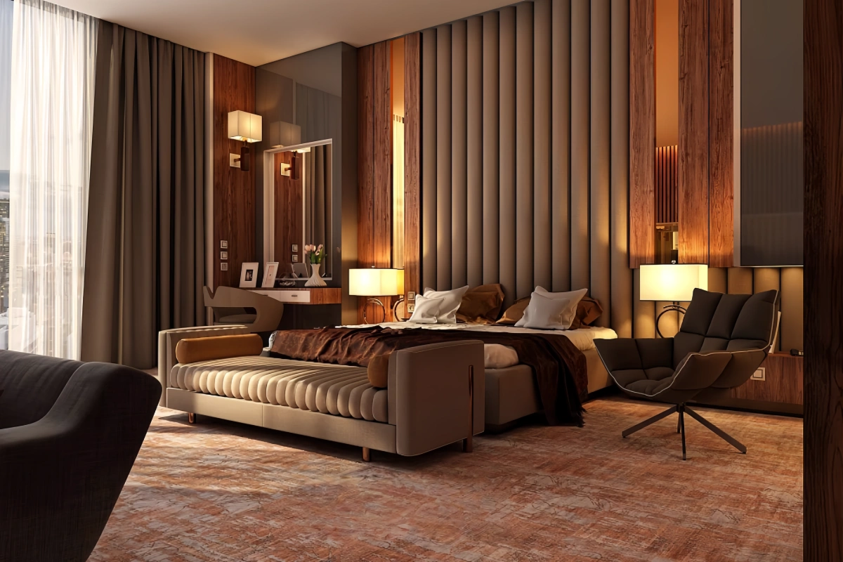 Modern Elegance with Warm Accents Hotel Bedroom Design