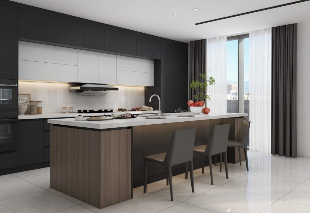 Two-Tone Black and Wood Kitchen Cabinets