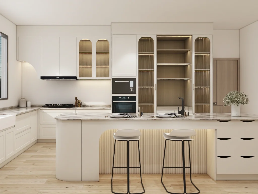 CenSo Home Elegant Cream Lacquer Kitchen with Textured Glass door