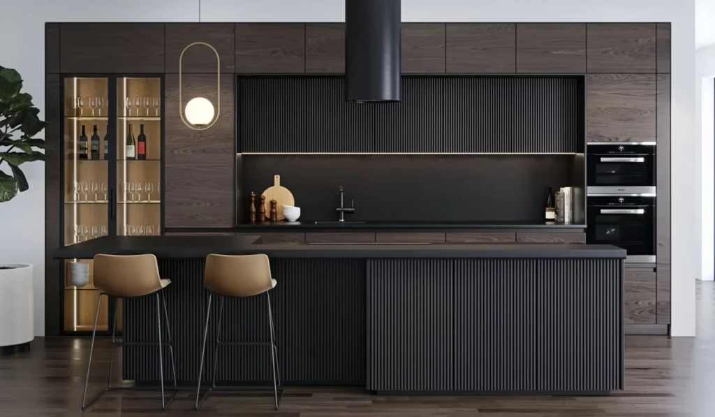 CenSo Home Midnight Walnut Black Fluted Melamine Kitchen Cabinet