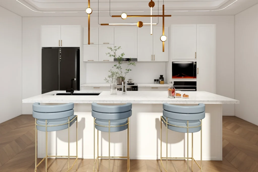 CenSo Home White PVC Kitchen Cabinets with Marble Island