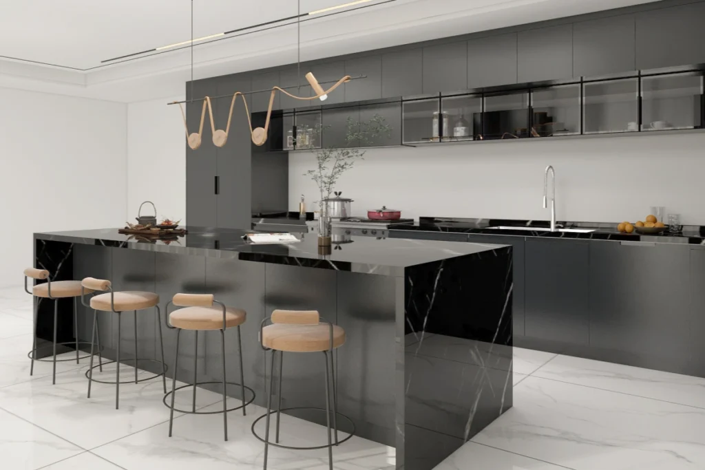 CenSo home Black PVC Kitchen Cabinets with Marble Island