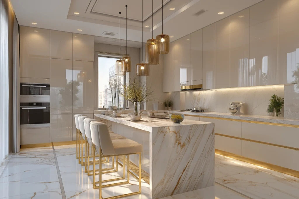 CenSo home High-Gloss Beige PVC Kitchen Cabinets with Marble Island