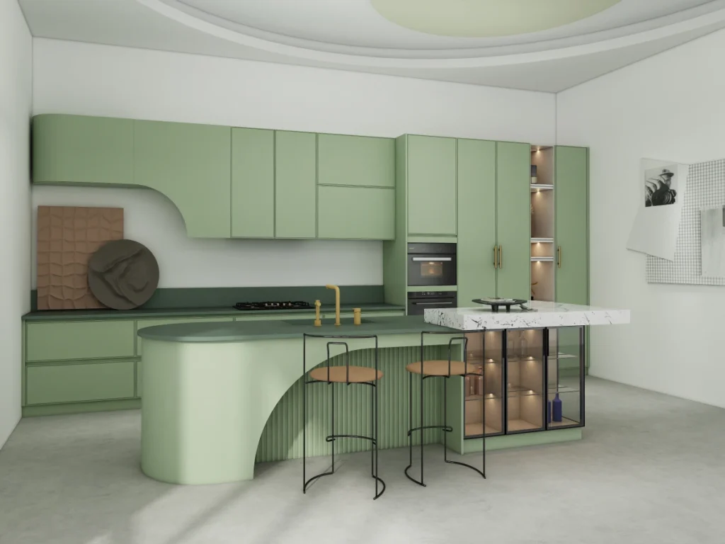Modern Organic Green Lacquer Kitchen Cabinets